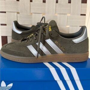 Adidas Handball Spezial shoes, olive/silver. Size 9 men, fits like 10.5 women’s